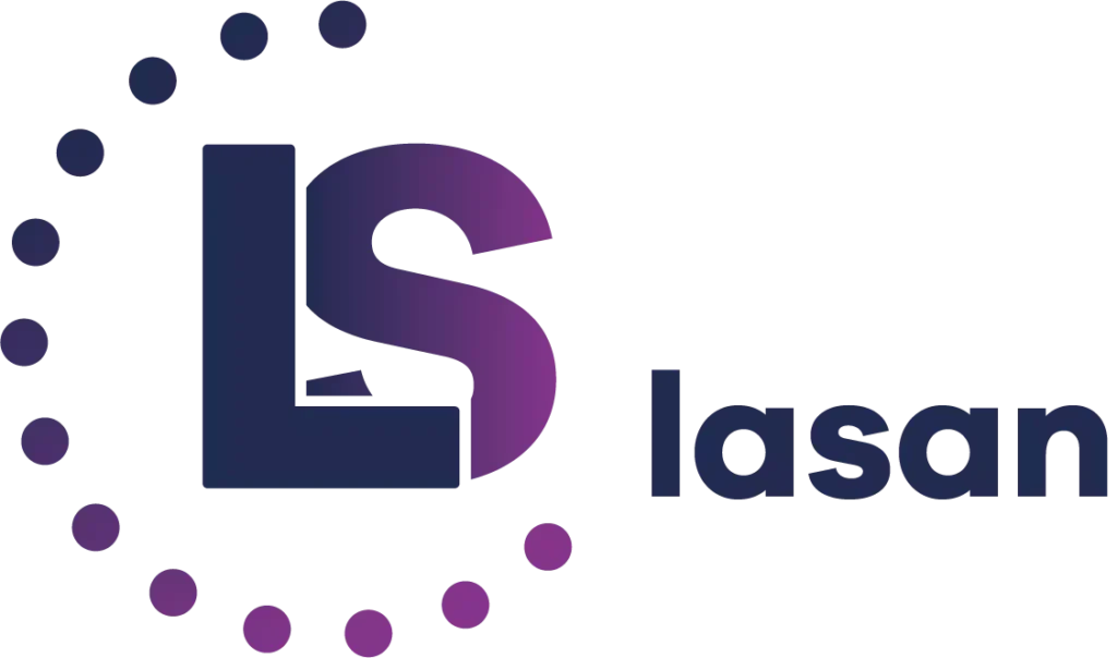 Logo da Lasan com cores em degradê roxo e círculo ao redor das letras L e S com o nome Lasan ao lado direito.