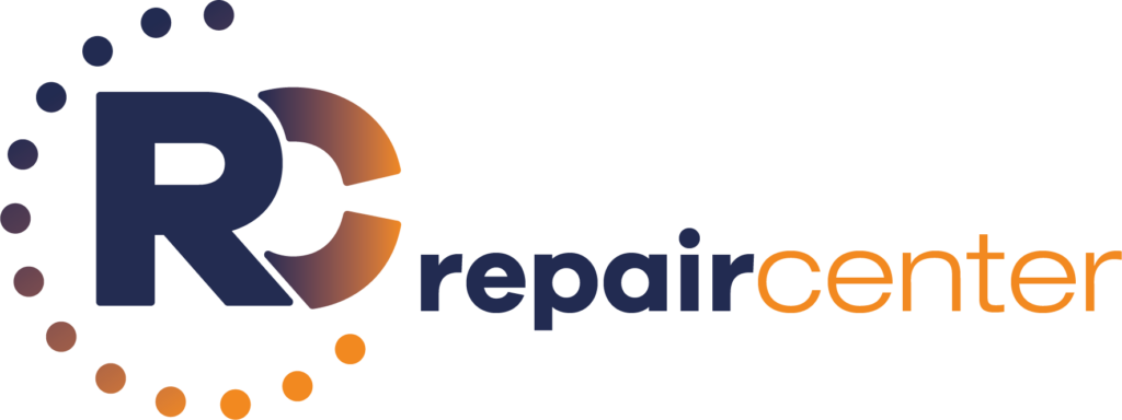 Logo Repair Center com cores em degradê laranja e círculo ao redor das letras G e R maiúsculas com repair center escrito ao lado direito.