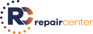 Logo Repair Center com cores em degradê laranja e círculo ao redor das letras G e R maiúsculas com repair center escrito ao lado direito.