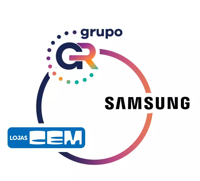 A imagem mostra três logos interligados. No topo, temos o logo do Grupo GR com cores em degradê e círculo ao redor das letras G e R maiúsculas com grupo escrito acima. No centro, em letras grandes, está o logo da Samsung. Abaixo, à esquerda, aparece o logotipo das Lojas Cem. Um círculo em tons degradê envolve esses elementos.